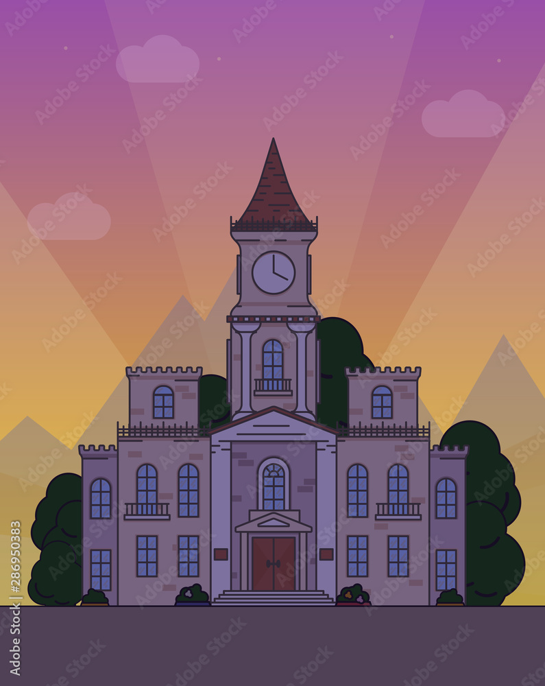 Naklejka premium Vector illustration of an old house on a dawn background