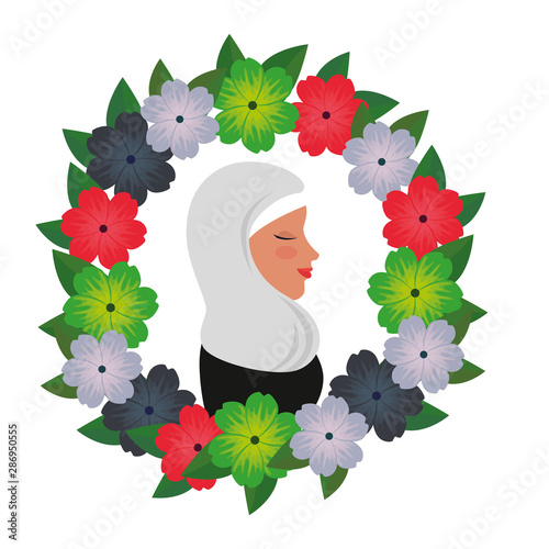 profile of islamic woman with traditional burka in floral wreath