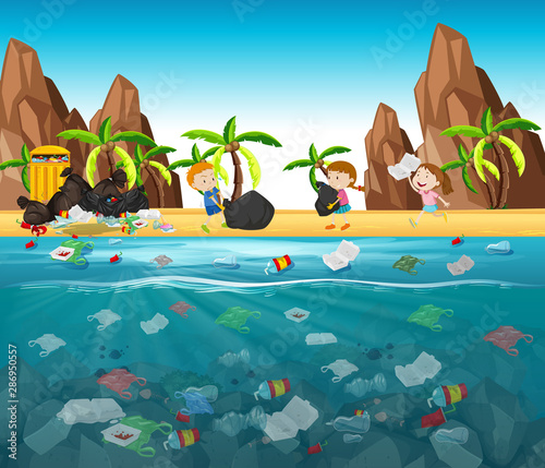 Water pollution with plastic bags in ocean