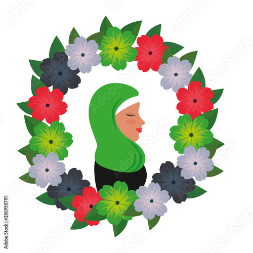 profile of islamic woman with traditional burka in floral wreath