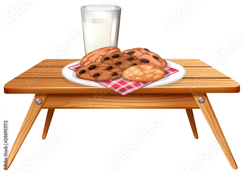 Chocolatechip cookies and milk on wooden table