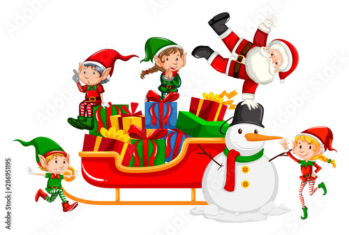 Santa and christmas elves on sleigh