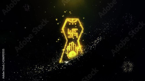 Jain hand. Ahimsa Indian, jainisms, hindu religious Icon on Gold Glitter Particles Spark Exploding Fireworks Display . Object, Shape, Text, Design, Element, Symbol 4K Animation. photo