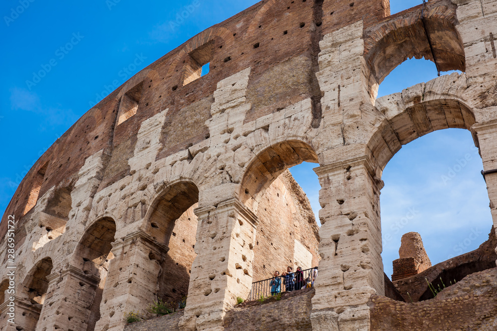 The famous Colosseum or Coliseum also known as the Flavian Amphitheatre in the centre of the city of Rome