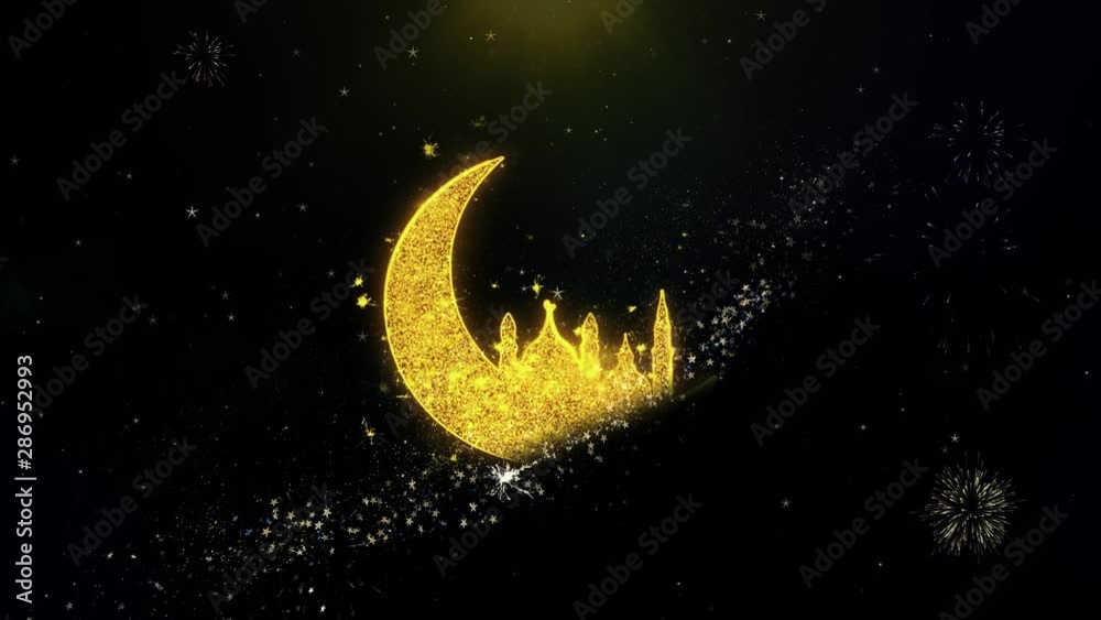 Islamic mosque Moon ramadan Icon on Gold Glitter Particles Spark