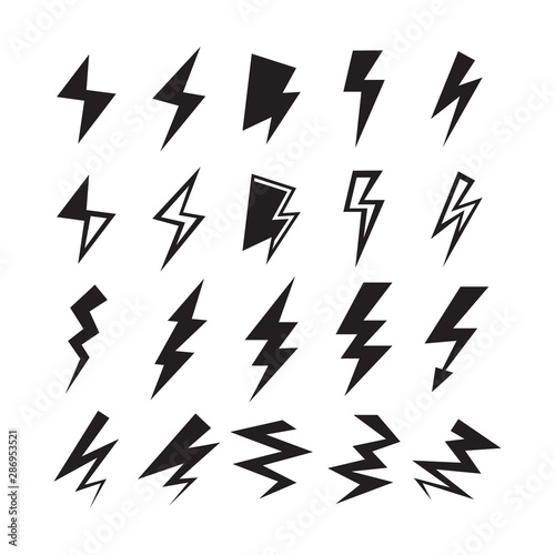 Black silhouette thunder and lightning bolt icons set on white background