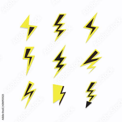 Black and yellow thunder sign and lightning bolt icons set on white background