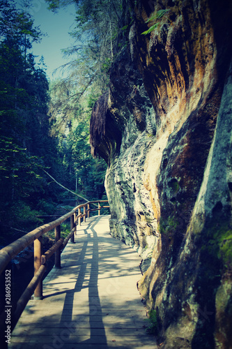 Footbridge in the tourist route among rocks and trees.Czech Switzerland National Park. A national park famous for its sandstone formations  wild valleys and frozen waterfalls.