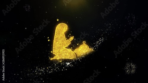 Dua,namaz,praying,islam,islamic Icon on Gold Glitter Particles Spark Exploding Fireworks Display . Object, Shape, Text, Design, Element Symbol 4K Animation photo