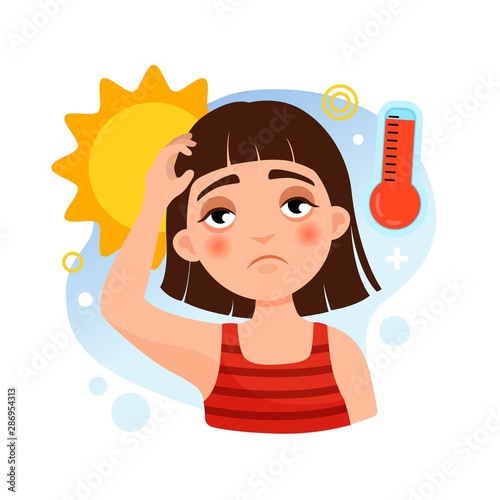 Vector illustration of a girl under the sun. Heat stroke concept.