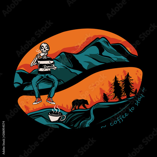 Skull drinking coffee on the mountain. Coffee bean double exposure. Forest Coffee  vector illustration for t-shirt design, sticker, or poster