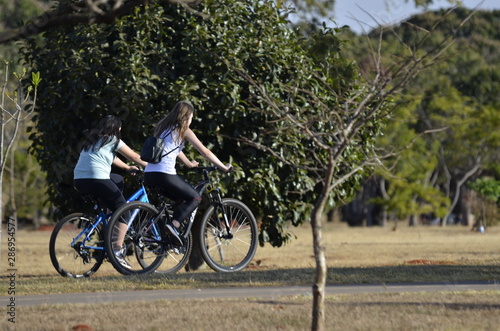 A beautiful view of people walking with bike in Brasilia park, Brazil