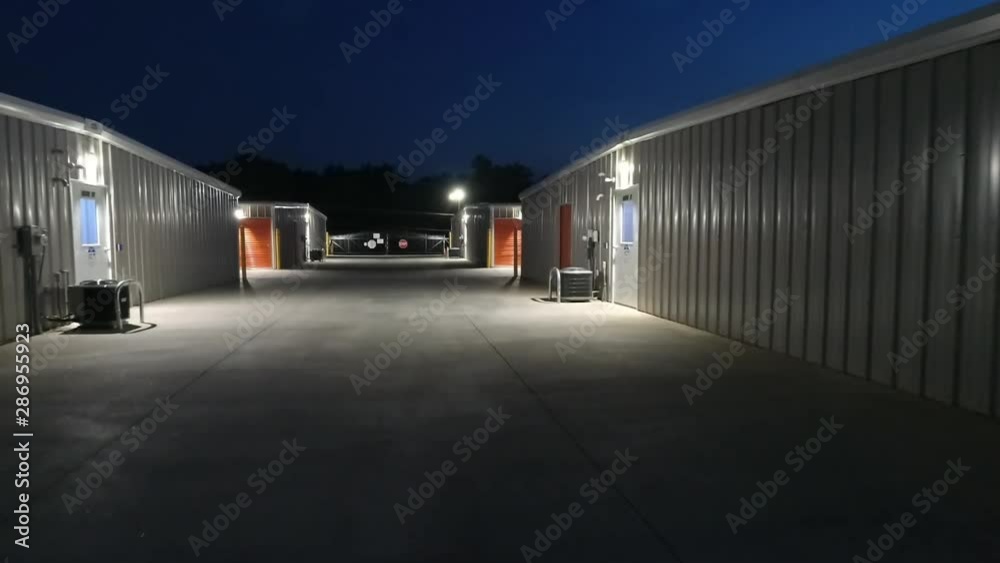 Aerial of self-storage facility night Aerial of self-storage facility night