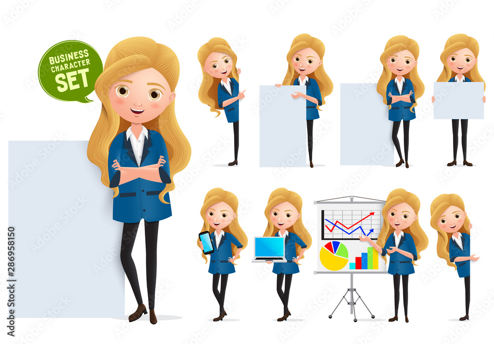 Business woman in whiteboard presentation vector character set. Businesswoman characters in presentation standing and showing sales graph in whiteboard isolated in white background. Business woman in whiteboard presentation vector character set. Businesswoman characters in presentation standing and showing sales graph in whiteboard isolated in white background.