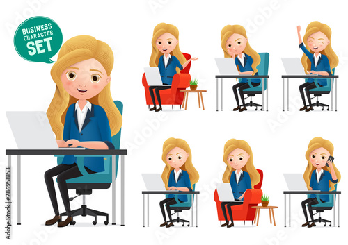 Female desk characters vector set. Business woman manager characters working in office desk while sitting and typing in laptop isolated in white background. Vector illustration. 