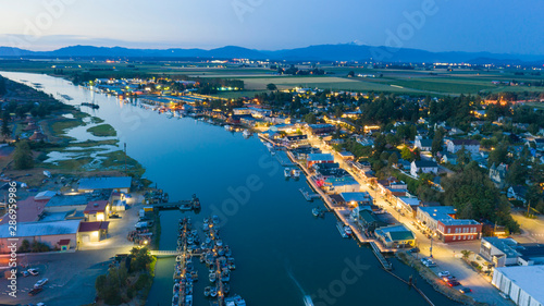 Night Falls Aerial View Over LaConner Washington and the Swinomish Channel photo