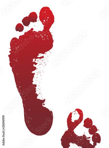 Bloody red horror footprint. Mark human leg, dirty grunge footprint. Design element for Halloween decoration.