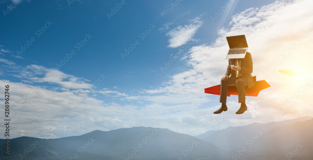 Fototapeta premium Businessman with laptop head. Business efficiency concept.