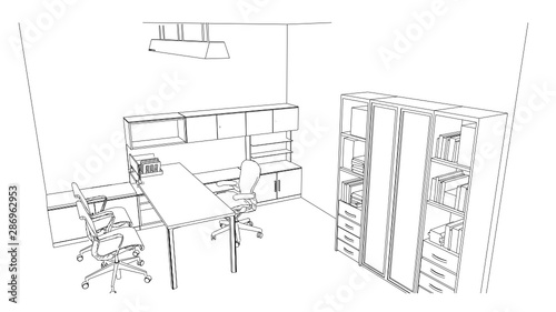 interior outline sketch drawing perspective of a space office.Workplaces . Tables, chairs and windows. Vector illustration in a sketch style.