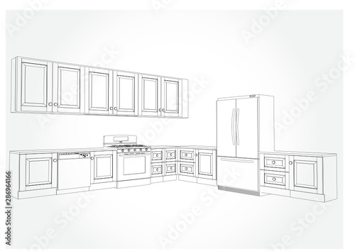 Hand drawn kitchen furniture. Vector illustration in sketch style. vector illustration kitchen furniture and equipment.