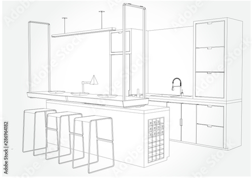 Hand drawn kitchen furniture. Vector illustration in sketch style. vector illustration kitchen furniture and equipment.