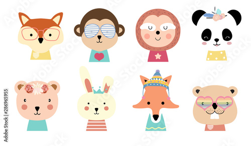 Cute baby animal cartoon with fox,monkey,sloth,panda,rabbit,squirrel