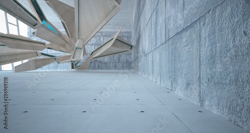 Abstract concrete and wood interior with window. 3D illustration and rendering.