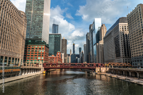 Chicago skyline view from the Chicago Riverwalk