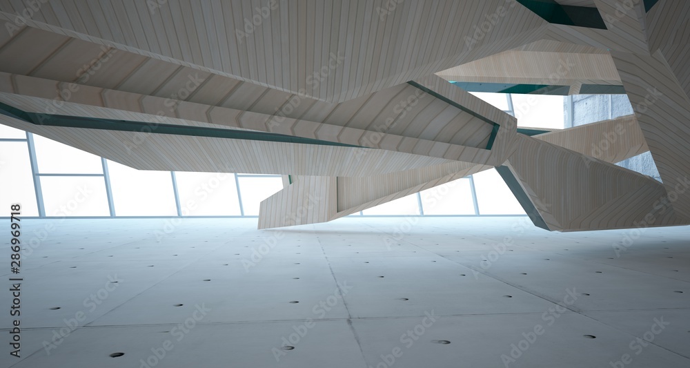 Fototapeta premium Abstract concrete and wood interior with window. 3D illustration and rendering.