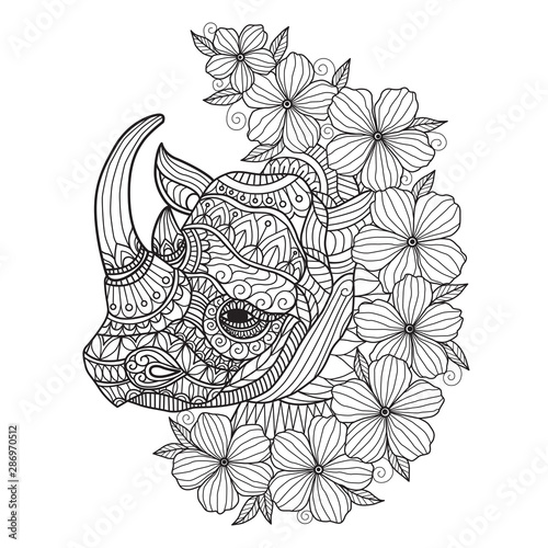 Hand drawn sketch illustration of rhino and flowers for adult coloring book.