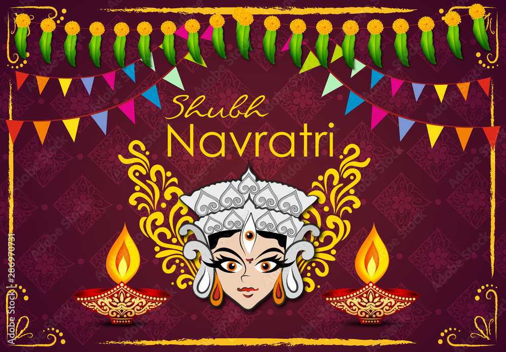 Illustration of durga face poster for Navratri Dussehra festival of India