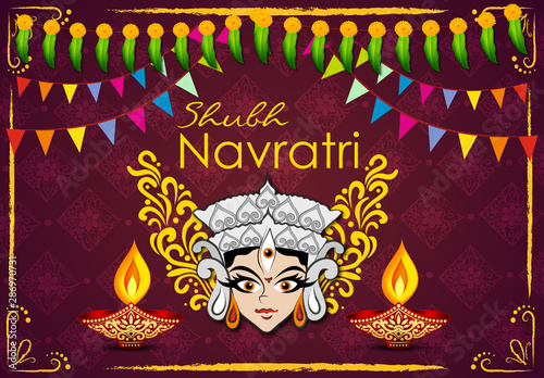 Illustration of durga face poster for Navratri Dussehra festival of India
