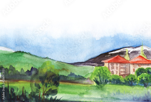 Watercolor landscape of green meadow and houses surrounded by trees. Green hills and high mountains with snow-capped peaks on background. Azure sky with white clouds. Hand drawn abstract illustration