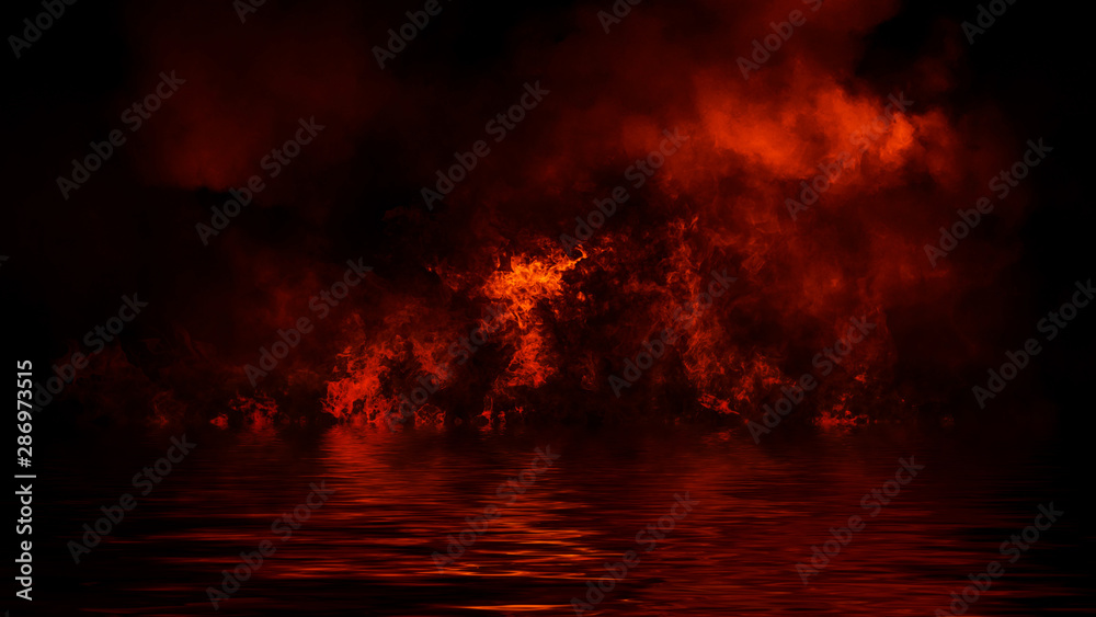 Texture of fire with reflection in water. Flames on isolated black background. Design element.