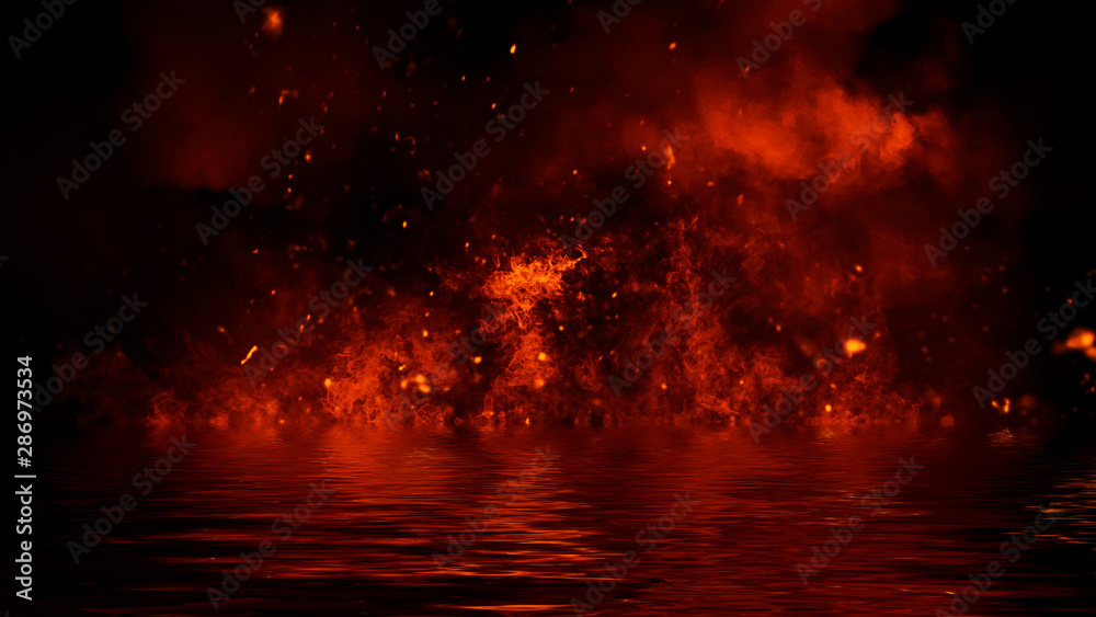 Realistic isolated fire effect for decoration and covering on black background. Concept of particles , flame and light.