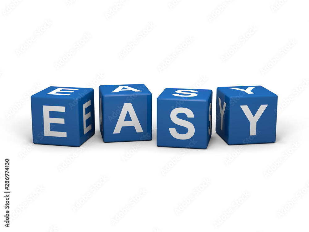 Titel: The word EASY out of blue letter dices Titel: The word EASY out of blue letter dices