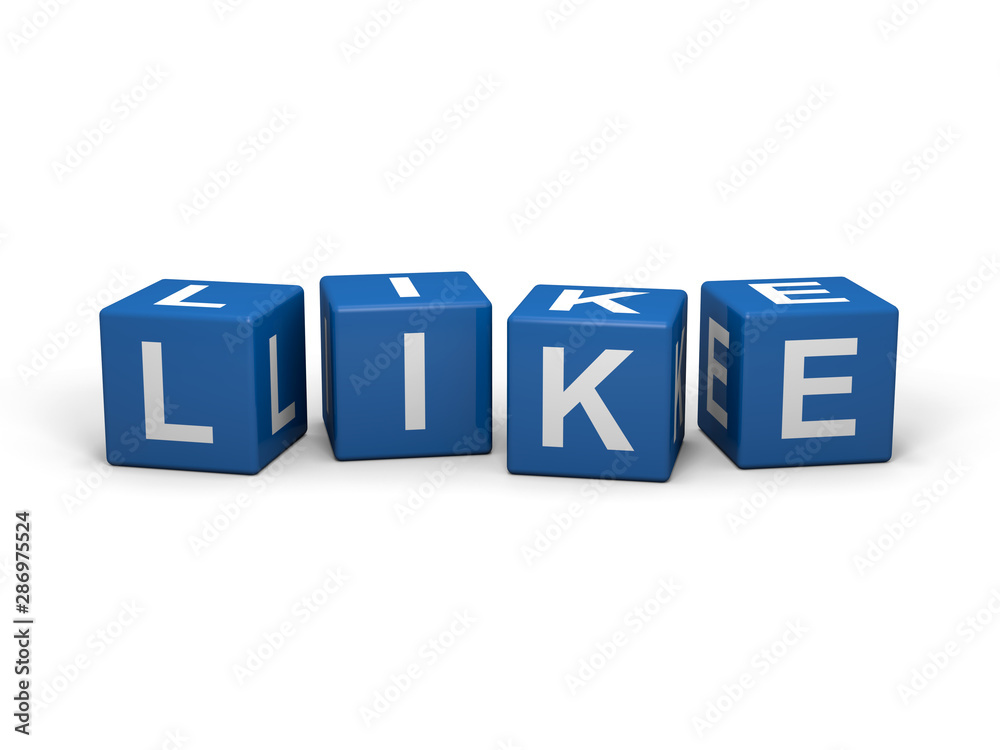 The word LIKE out of blue letter dices The word LIKE out of blue letter dices