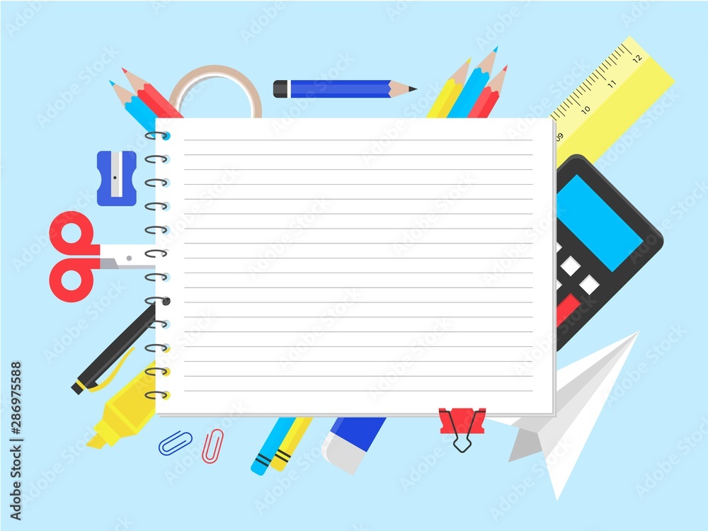 Note paper with school supplies, vector illustration