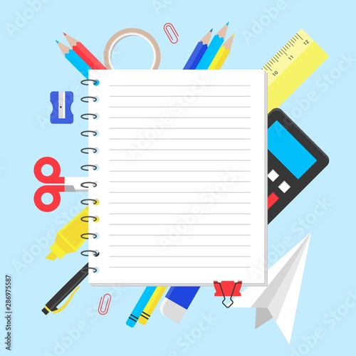 Note paper with school supplies, vector illustration