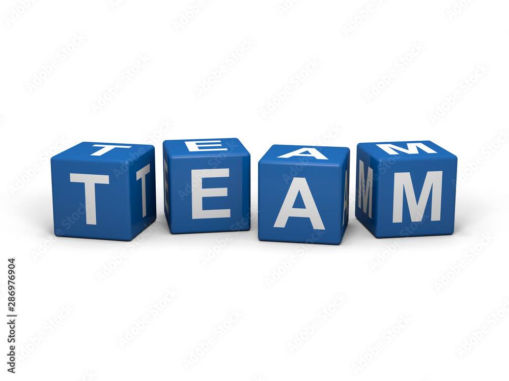 The word TEAM out of blue letter dices The word TEAM out of blue letter dices