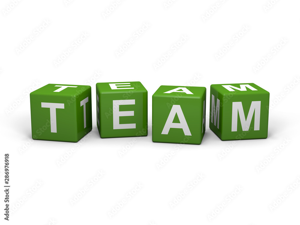 The word TEAM out of green letter dices The word TEAM out of green letter dices
