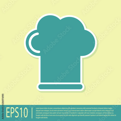 Green Chef hat icon isolated on yellow background. Cooking symbol. Cooks hat. Vector Illustration