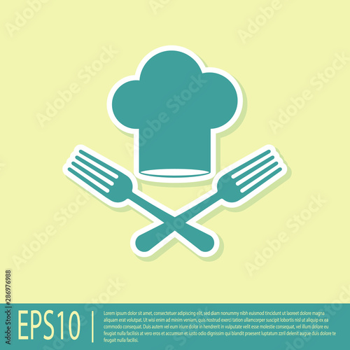 Green Chef hat and crossed fork icon isolated on yellow background. Cooking symbol. Restaurant menu. Cooks hat. Vector Illustration