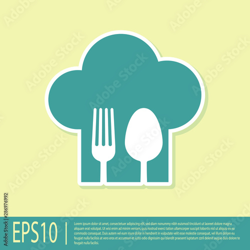 Green Chef hat with fork and spoon icon isolated on yellow background. Cooking symbol. Restaurant menu. Cooks hat. Vector Illustration