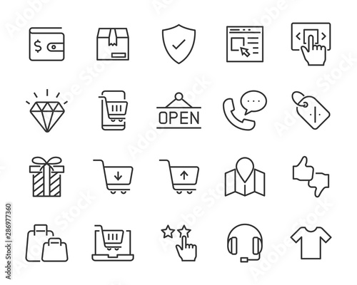 set of shopping icons, shopping online, e-commerce, buy, store, cart, pay