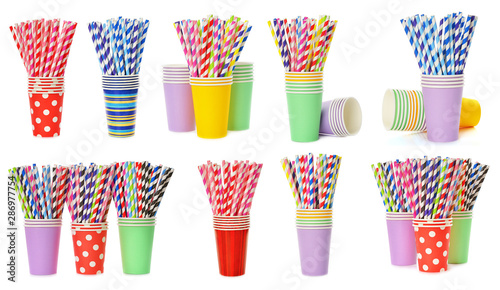 Obraz na plátně Multicolored retro straws in a paper cup