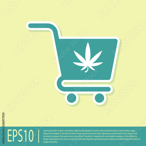 Green Shopping cart with marijuana or cannabis leaf icon isolated on yellow background. Online buying. Delivery service. Supermarket basket. Vector Illustration