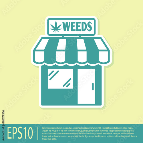Green Marijuana and cannabis store icon isolated on yellow background. Equipment and accessories for smoking, storing medical cannabis. Vector Illustration