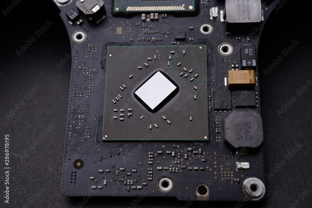 Fototapeta premium A black colour waterproof Printed Circuit Board with CPU, SMD & IC mounted part on board