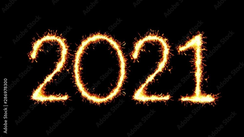 Happy New Year 2021 Text Sparkler Writing With Glitter Sparks Particles Firework on Black 4K Loop Background. Greeting card, Invitation, Celebration, Party, Gift, Message, Wishes, Festival.